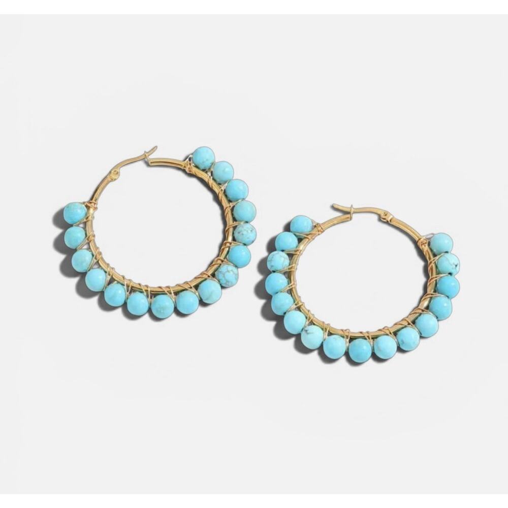 Natural Turquoise Hoop Earrings • Gold Plated Hoops Statement Boho